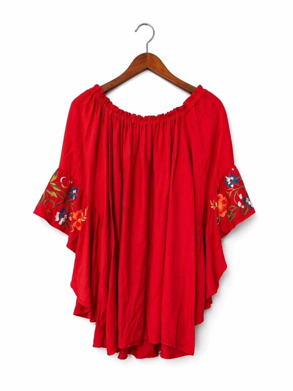 Umgee Red Embroidered Boho Peasant Top Floral Sleeve Off Shoulder Blouse M - Picture 3 of 6